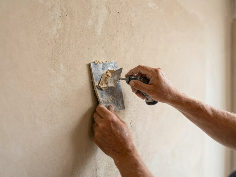 Close-up of skilled construction worker carefully applying plaster to a wall during a renovation, focus on hands and texture, bright natural daylight, warm sand and slate tones, sharp focus, 35mm lens