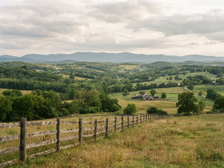 Wide panoramic Rappahannock County landscape at golden hour, rolling hills and mature trees, a farm fence in the foreground, soft natural light.