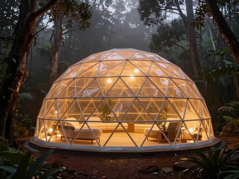 A glowing geodesic wellness dome nestled deep within a misty Australian rainforest at twilight, warm gold light radiating from the biophilic structure.