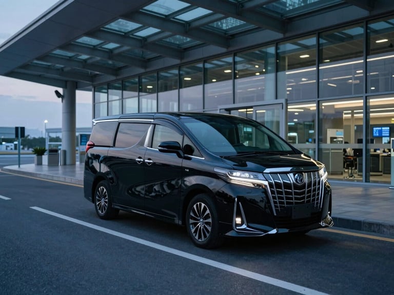 Wide shot of a black Toyota Alphard parked at the entrance of a glass-and-steel terminal at dawn, empty arrivals lane, cool blue ambient light, vehicle door slightly ajar, no people visible