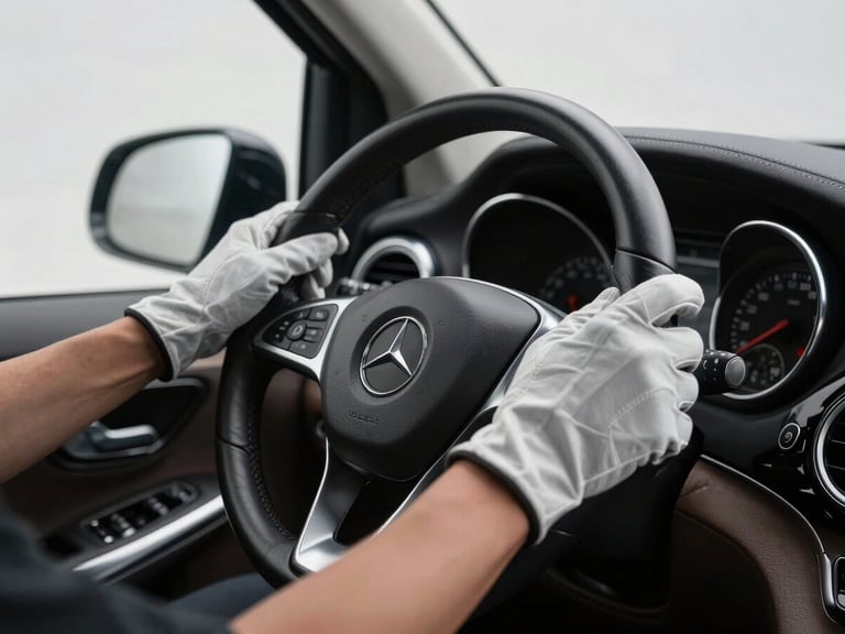 Driver's gloved hands resting on the steering wheel of a Mercedes-Benz V-Class interior, cool studio light, polished leather and brushed metal detail visible, dashboard rendered as soft background blur