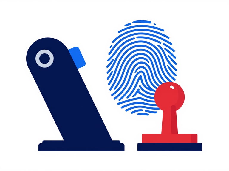 Flat vector illustration of a biometric fingerprint scanner and official stamp, clean geometric shapes, navy and royal blue tones, white background.