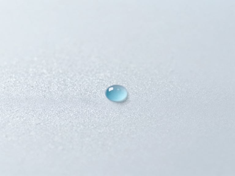 Macro shot of ice crystals on a sterile surface, with a faint blue liquid droplet, bright clinical lighting.