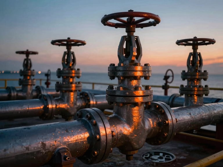 Extreme close-up macro photography of heavy steel valves and high-pressure pipes at a maritime terminal, dramatic twilight lighting with warm orange sodium flares reflecting off steel, cinematic industrial style.