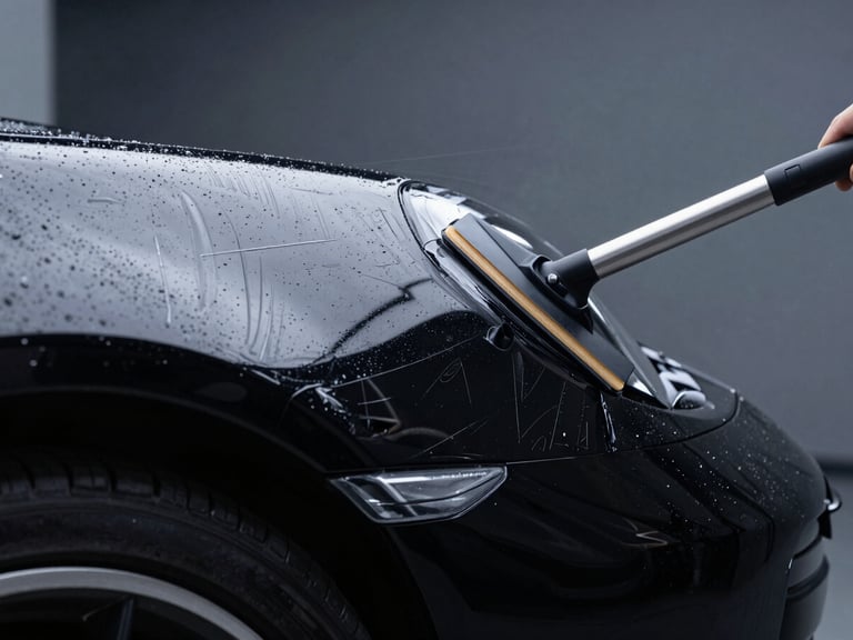 Macro shot of a squeegee smoothing a glossy clear paint protection film over the complex curved fender of a black Porsche 911, cool studio LED lighting, deep shadows, sharp macro details, 50mm