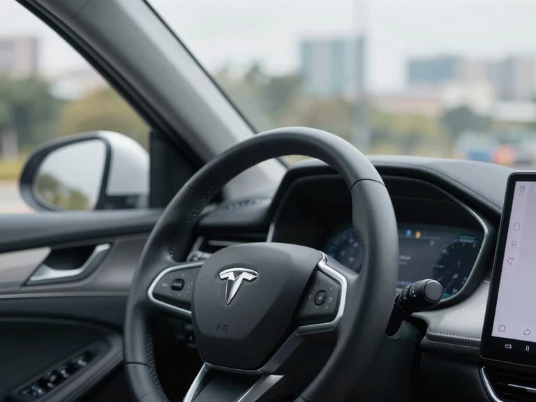 Close-up of a modern car dashboard and steering wheel, clean interior, soft natural light coming through the window, realistic automotive photography.