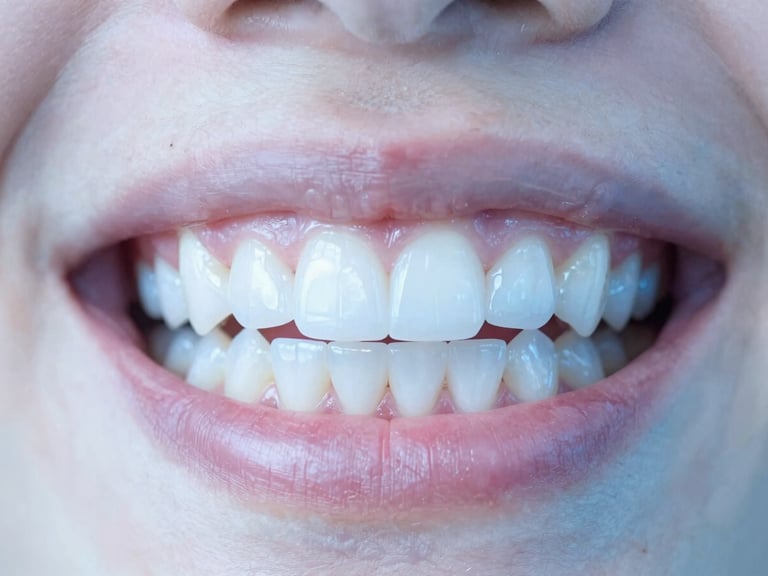 Close-up of a patient's mouth showcasing perfectly fitted zirconium crowns, bright high-key natural daylight, soft whites and calming blue tones, sharp focus, 35mm.