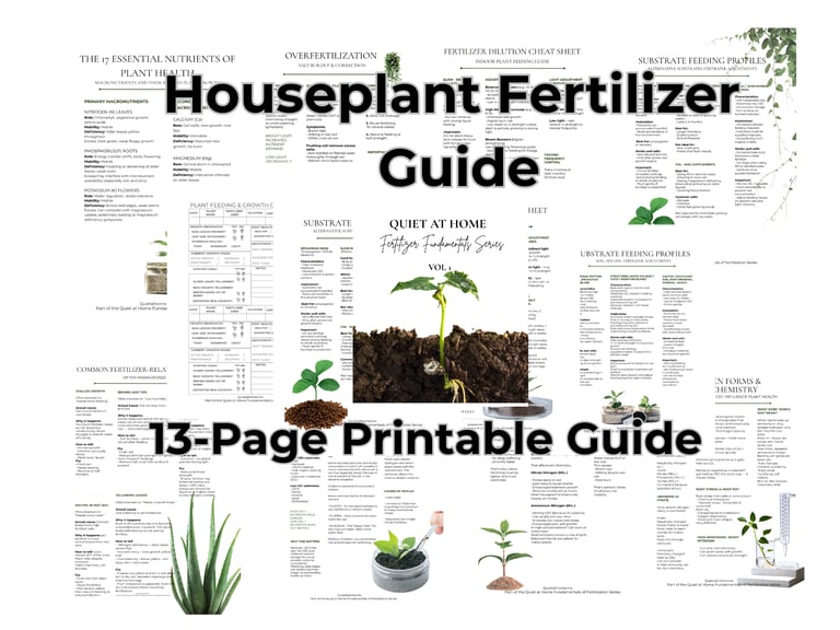 Quiet at Home houseplant fertilizer guide printable covering fertilizing basics, feeding schedules