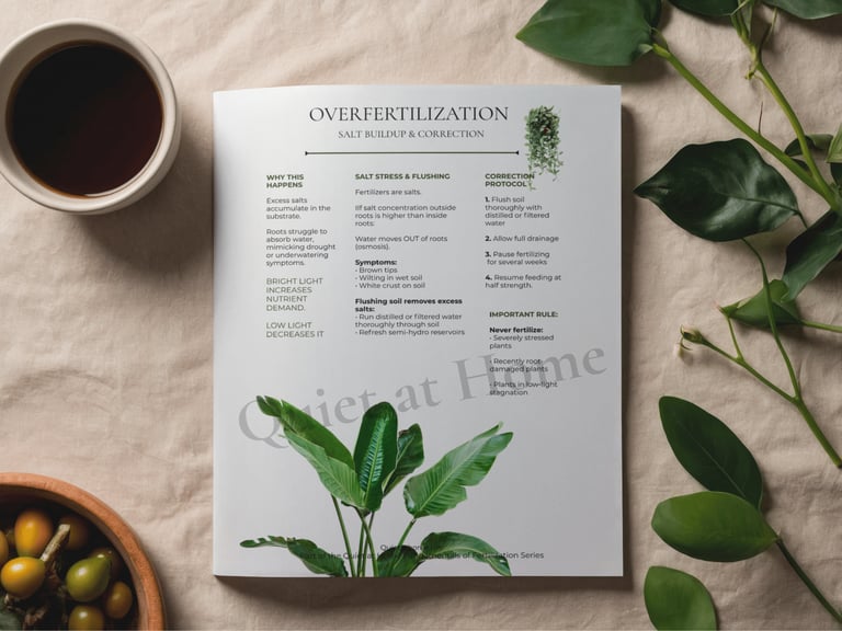Houseplant leaves showing signs of over-fertilization, part of the Quiet at Home Binder series
