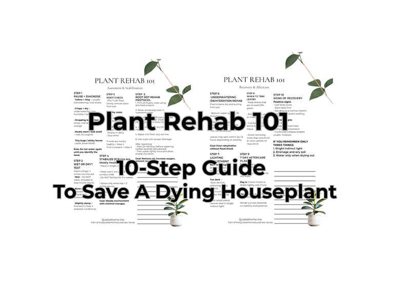 Plant Rehab 101 printable guide from Quiet at Home showing how to diagnose and revive houseplants