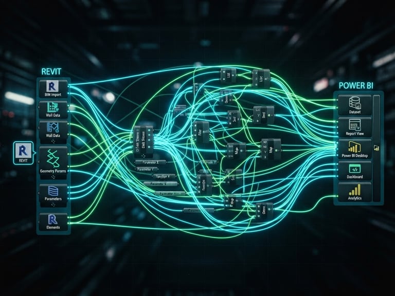 Front-on macro shot of a node-based Grasshopper data pipeline with glowing cyan and neon green wires connecting Revit to Power BI, dark ambient background, high-contrast digital glow.