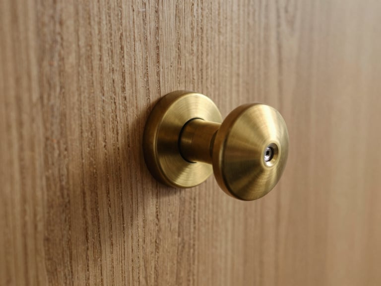 Tight macro shot of a flush brushed brass doorknob set into raw grain-matched oak, natural side-lighting, deep shadows