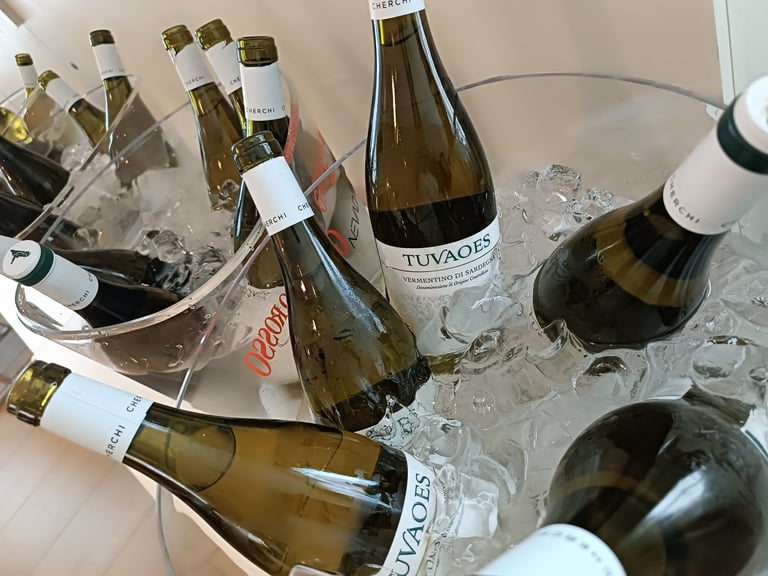 Bottiglie di Vermentino Vinicola Cherchi immerse nel ghiaccio durante la degustazione