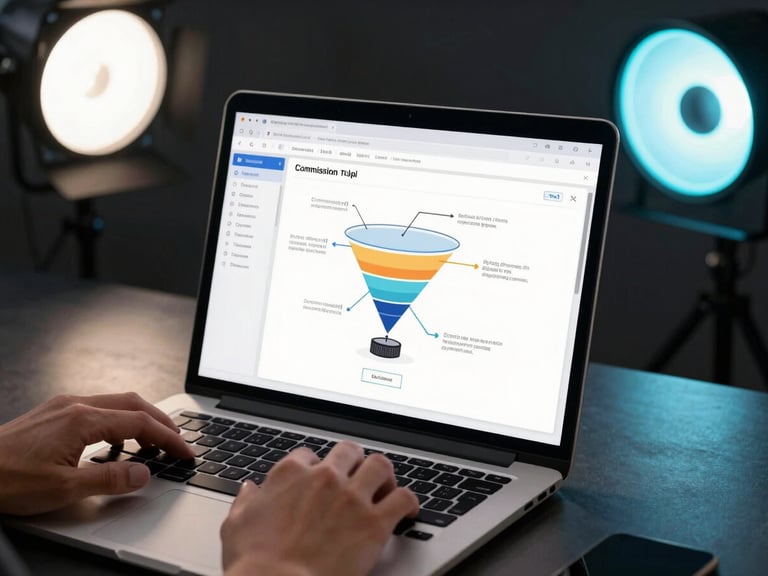 Close-up of a laptop screen showing an AI tool output integrated into a funnel diagram, commission dashboard visible in a browser tab, cool studio strobes with a neon cyan rim light, dark charcoal desk surface, hands resting on keyboard in the lower foreground