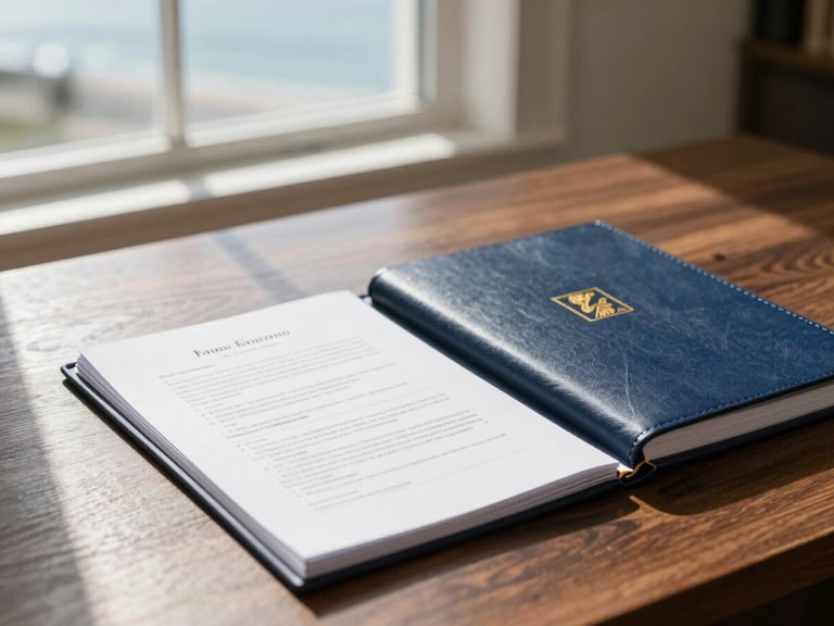 Modern legal documents on a dark wood desk, sunlight filtering through a window, deep navy and warm gold accents, sharp focus, 35mm lens