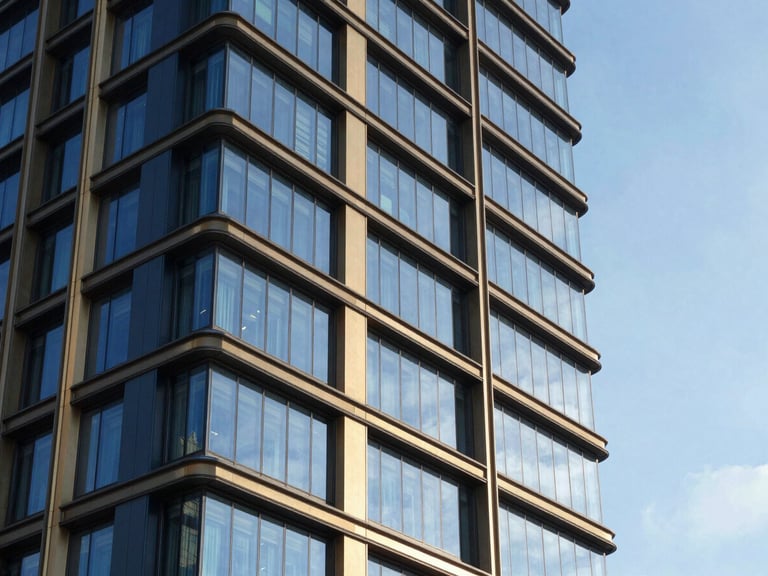 Architectural detail of a modern, high-rise commercial building exterior with sleek lines and glass, reflecting the clear blue South Florida sky, natural coastal window light, deep navy and warm gold accents, sharp focus, 35mm lens