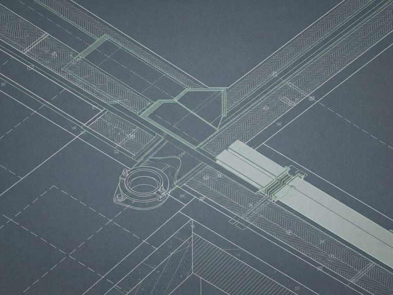 Top-down technical CAD drawing of a flat roof waterproofing joint detail, crisp lines, desaturated blueprint aesthetic with subtle green highlights, 35mm