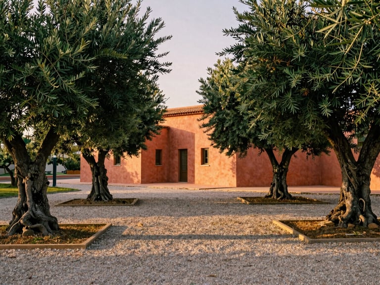 Medium format photograph of a private estate in Souissi, featuring a gravel path winding between mature olive trees, with warm terracotta plaster walls in the background under golden hour light.