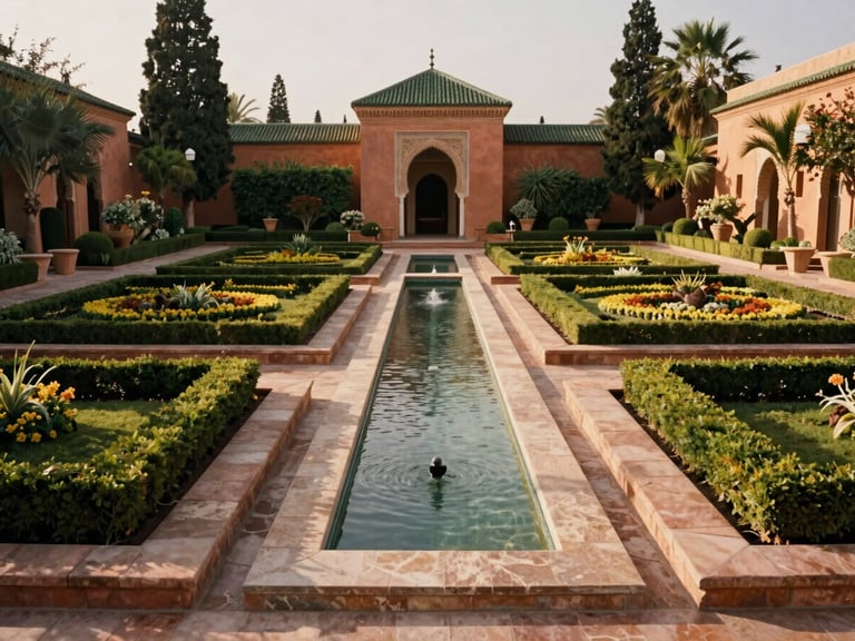 Wide environmental shot of a diplomatic villa garden in Rabat, showcasing structured geometric flower beds, low stone retaining walls, and a central water channel under warm afternoon sun.