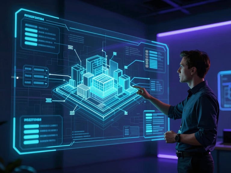 Professional instructor presenting a complex architecture diagram on a holographic display in a softly lit modern studio, waist-up shot, neon backlighting in indigo, high-fidelity UI.