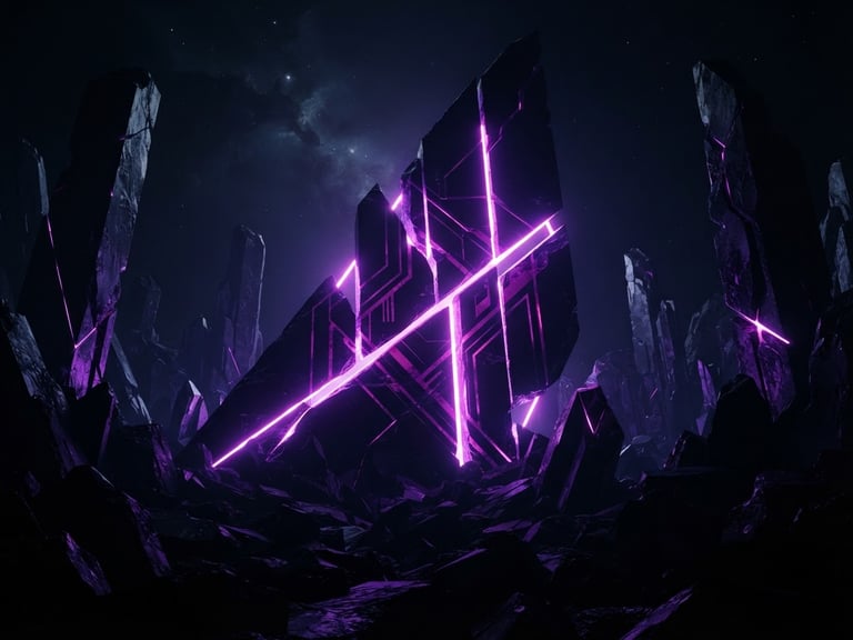 Immersive wide 21:9 digital landscape, dark abstract geometry with glowing neon purple lines slicing through obsidian monoliths, dramatic backlighting, 35mm