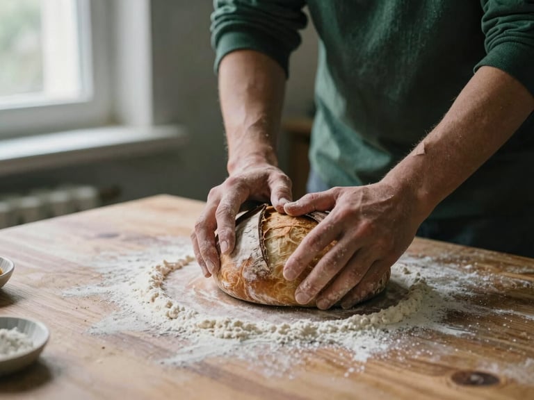 Hands kneading sourdough bread on a flour-dusted wooden table, soft daylight streaming through a window, rustic bakery setting.
