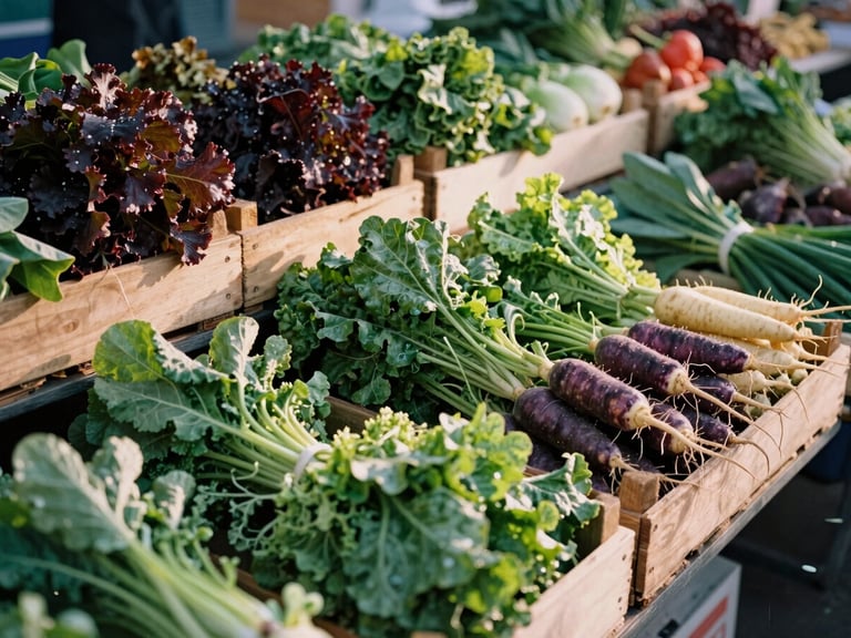 A bustling outdoor farmers market at sunrise, wooden crates filled with leafy greens and root vegetables, warm morning light.