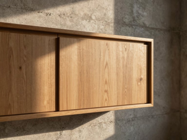 Tight abstract detail shot of custom oak cabinetry flush with a raw concrete wall, warm daylight, 35mm