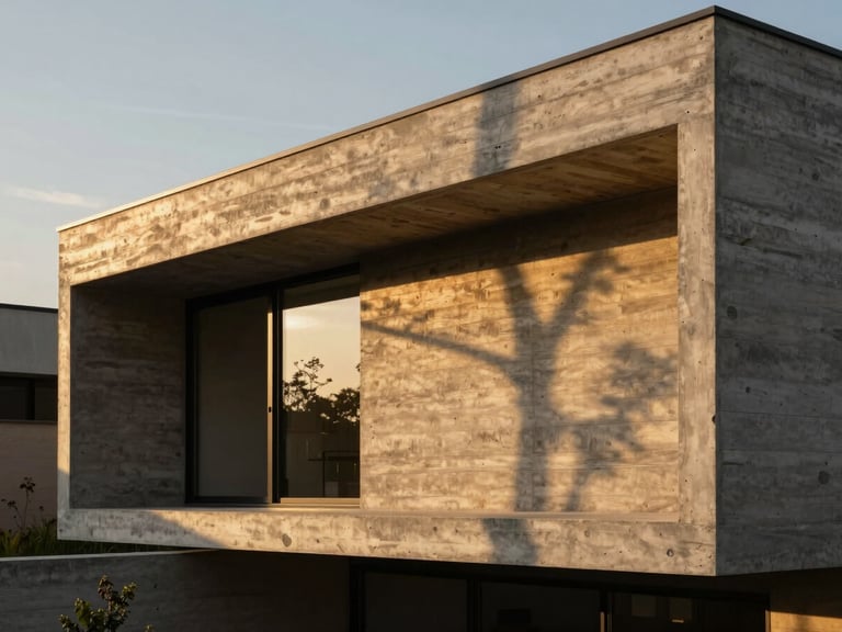 Warm architectural photography of a modern concrete and timber residence at golden hour, dramatic sunlight casting long shadows on raw oak facade, 35mm