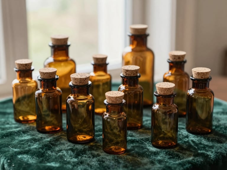 Collection of various sizes of amber glass apothecary jars with cork stoppers, warm natural light, on a deep forest green velvet cloth