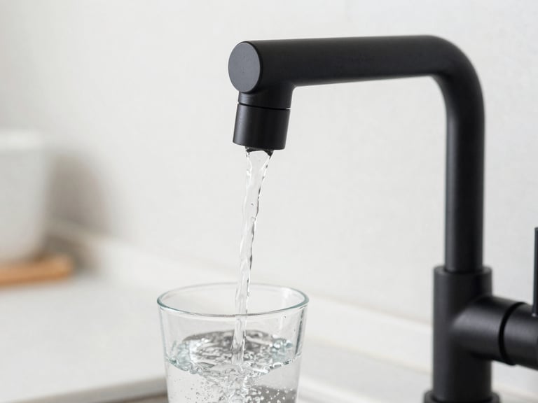 Close-up of a modern matte black kitchen faucet pouring crystal-clear water into a clean glass, bright natural daylight, shallow depth of field