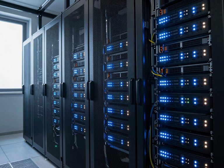 Wide shot of a server installation room with dense rack-mounted equipment, status LED lights in cool blue and white, cable management visible, cool daylight filtering from a high window on the left, photographed as infrastructure in operation