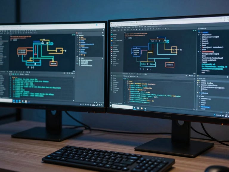 Close-up of a developer's dual monitors displaying complex system architecture diagrams and code, cool blue ambient lighting from screens, keyboard in foreground, photographed as a functional workspace