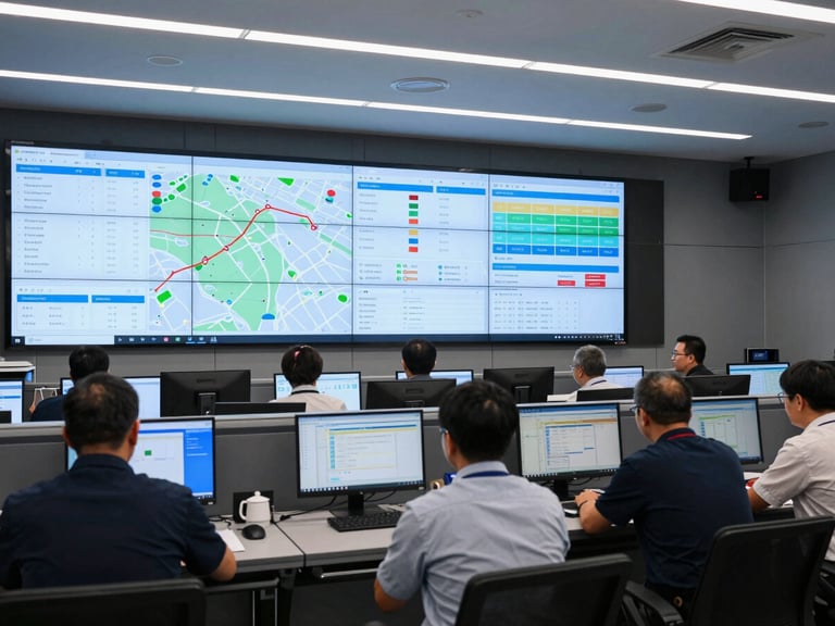 Panoramic view of a logistics control room with large wall-mounted data screens showing route maps and shipment dashboards, operators seated at workstations, cool overhead lighting, photographed as a command environment