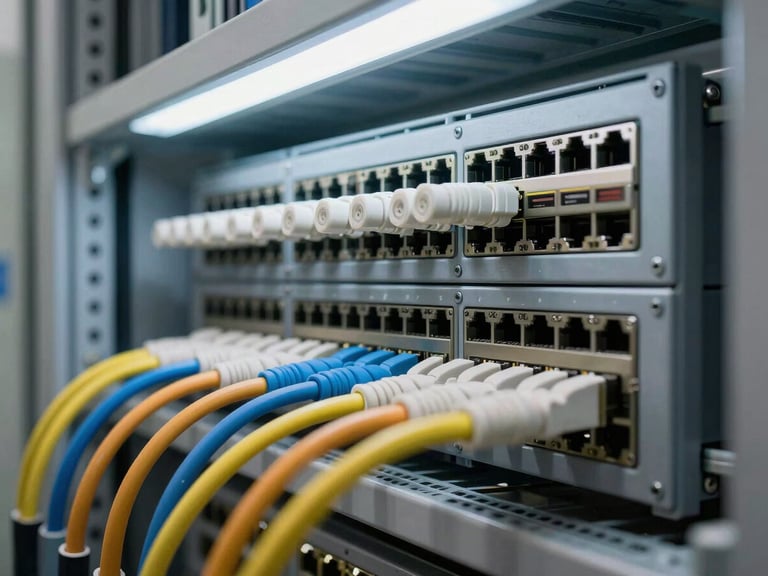 Close-up of network patch panel and structured cabling in a telecommunications room, cool white overhead lighting, cables organized by color into precise rows, photographed as methodical infrastructure