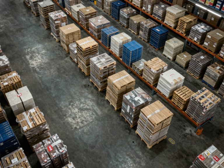 Bird's-eye view of an organized warehouse floor with labeled inventory zones, overhead fluorescent lighting casting precise shadows on pallets and shelving, no people, photographed as operational infrastructure