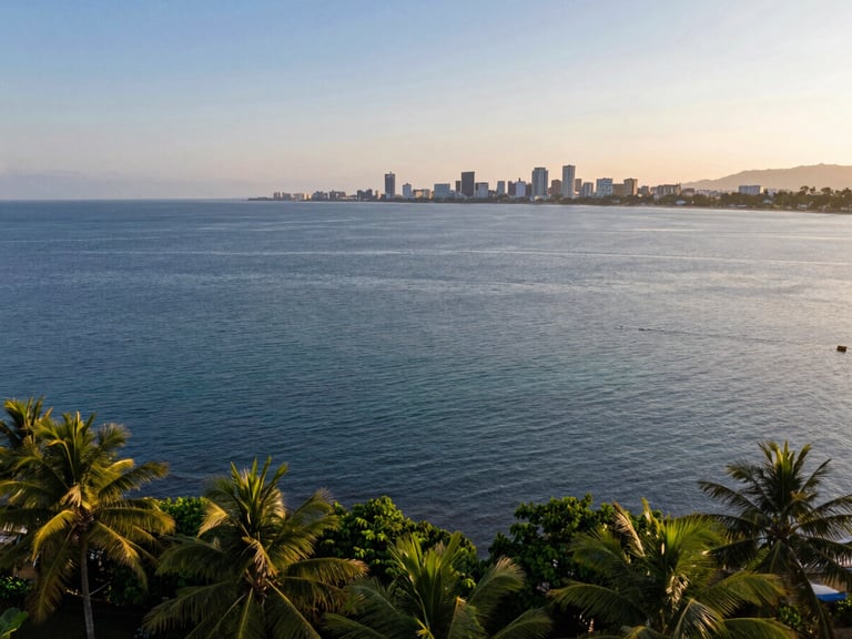 Elevated wide-angle photograph of the Davao Gulf during late afternoon, showing calm deep blue water with the distant outline of Davao City under a soft golden haze.