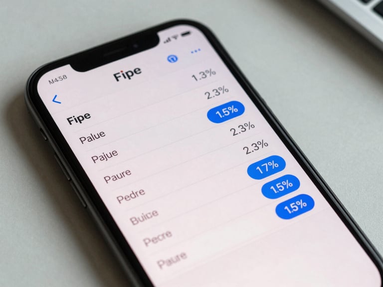 Close-up of a mobile phone screen showing a vehicle pricing comparison table — Fipe reference value on the left column, listed price on the right, percentage difference highlighted in blue, shot against a clean light desk surface under natural daylight