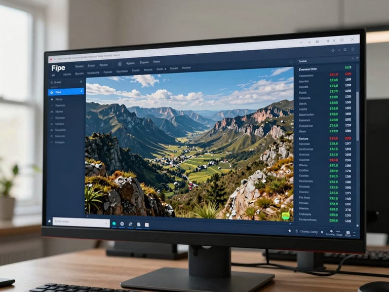 Wide landscape view of a partner dashboard on a large desktop monitor, showing live Fipe pricing table and inventory performance metrics, clean blue interface, natural office daylight from left, monitor centered with keyboard partially visible at bottom edge