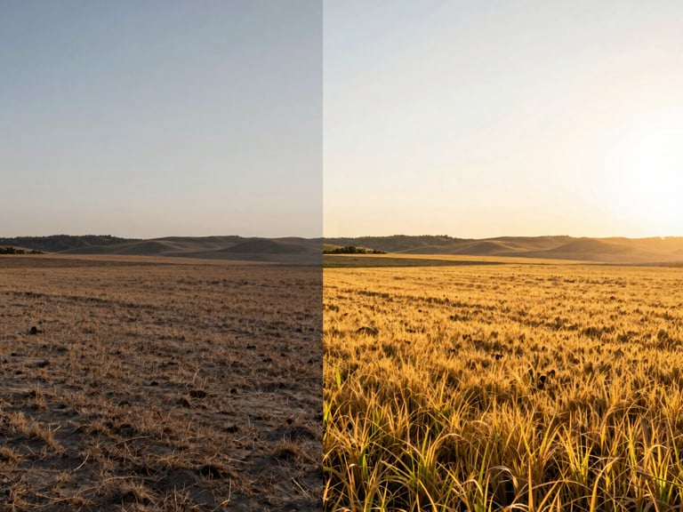 Split screen showing a raw dull landscape and a vibrant golden hour travel photo, bright editorial style, natural sunlight, true-to-life colors