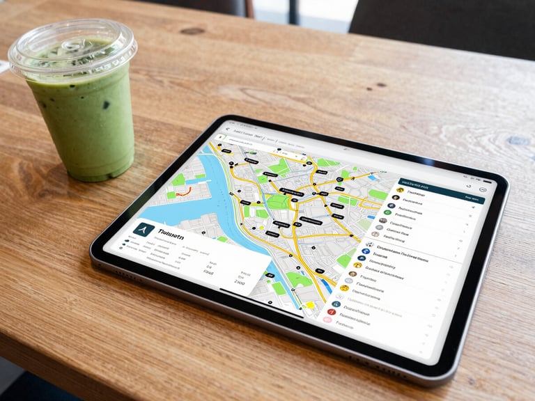 A digital tablet displaying a travel map and itinerary, resting on a wooden cafe table next to a matcha cup, bright natural light, wide angle