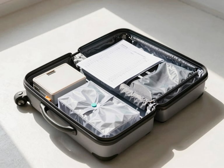 A neatly organized open suitcase with packing cubes and a printed checklist on top, resting on a clean floor under bright sunlight, editorial travel photography