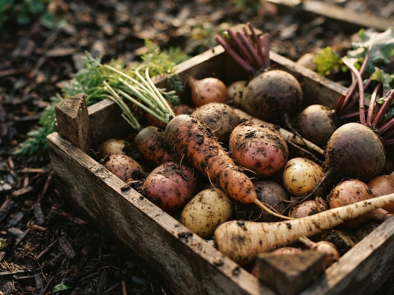 A wooden crate filled with freshly harvested root vegetables on damp soil, golden hour side-light, close-up macro details.
