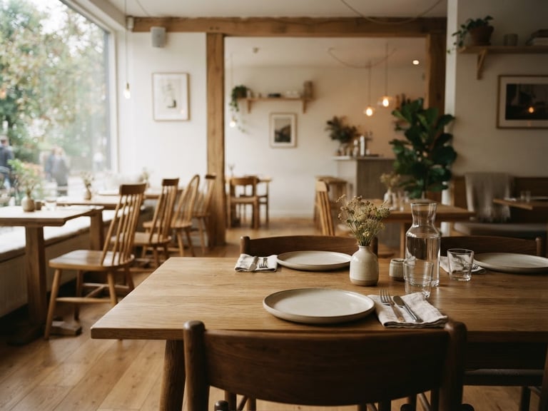 Cozy Scandinavian-style restaurant interior, warm ambient light, empty wooden chairs, minimalist design, soft natural window light.
