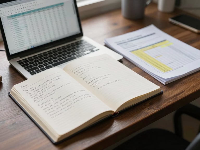 Wide-angle view of a professional's desk from above: an open notebook with handwritten notes, a laptop displaying a spreadsheet comparison, and a printed document with highlighted rows, under soft even window light, no people visible, calm and purposeful atmosphere