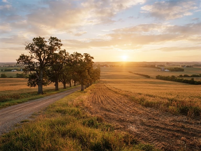 Wide panoramic Oklahoma grower fields at sunrise, rows of mature oak trees stretching to the horizon, warm morning daylight, 35mm editorial photography.