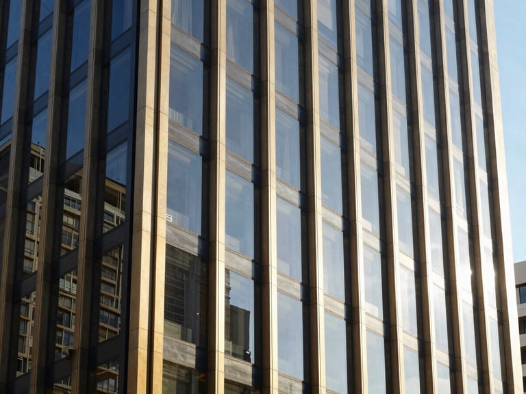 Architectural detail of a contemporary Australian business district building facade, reflective glass, bright natural daylight, conveying corporate professionalism.