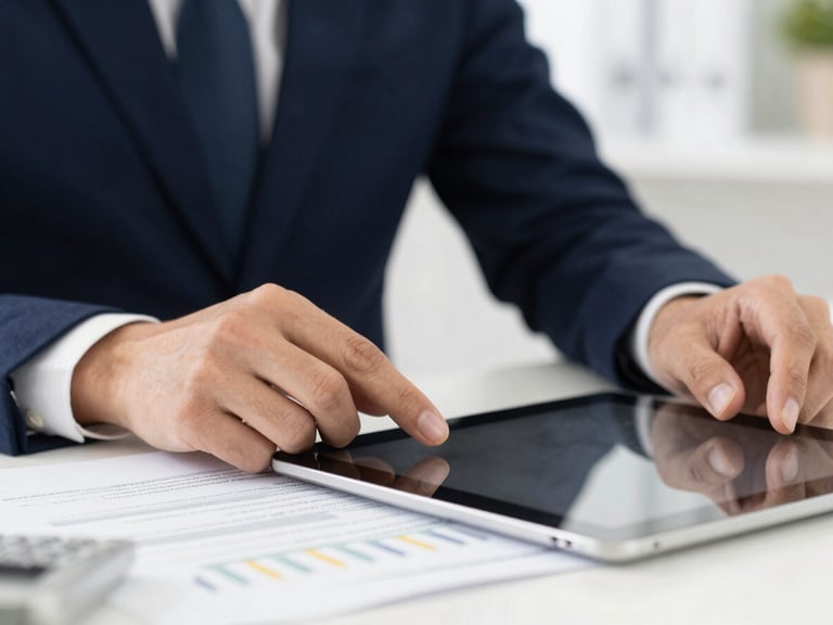 Close-up of a professional accountant's hands reviewing financial documents on a tablet, with subtle gold accents and a deep navy background, bright natural daylight, 50mm lens