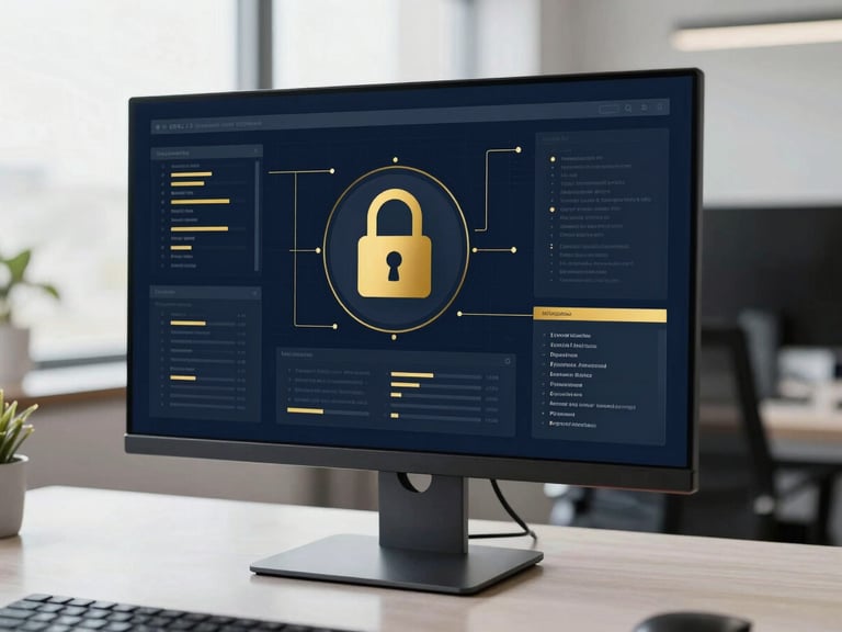 Digital security interface on a monitor, abstract data flow, deep navy and gold accents, clean modern office.