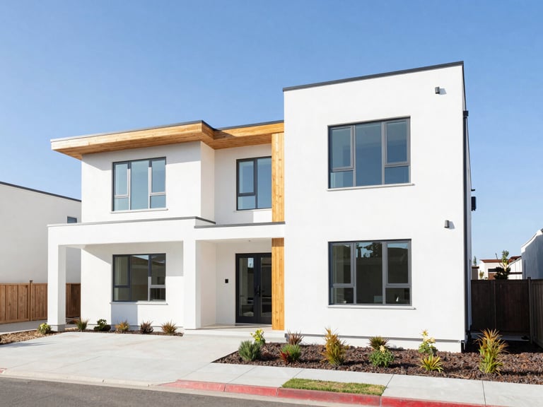 Bright architectural photography of a modern Utah residential home exterior, clean morning sun, high-key natural daylight, wide-angle lens, sharp elevations